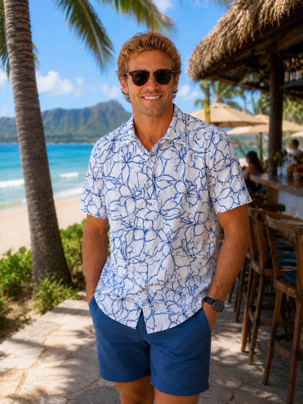 NWT - Perry Ellis Slim Fit - Short Sleeve Button-Up Shirt - Blue Floral - Med